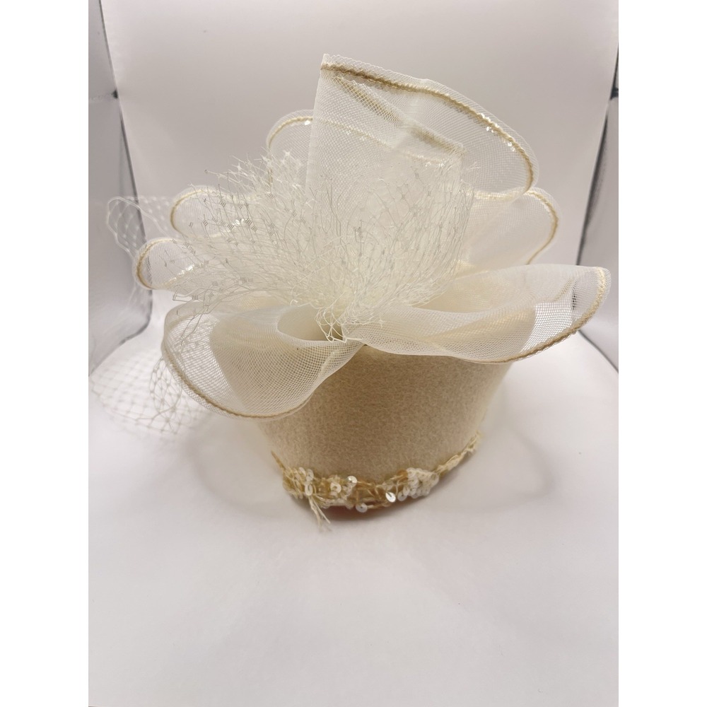 Vintage Church Hat White And Gold Brim Fancy Bow Kentucky Derby